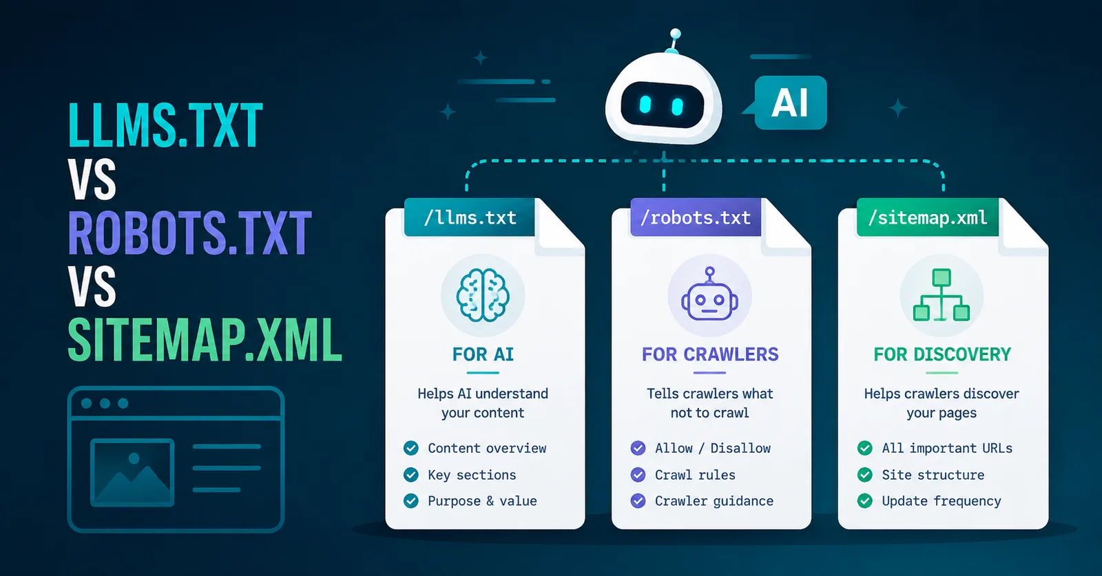 Illustration headed 'llms.txt vs robots.txt vs sitemap.xml', showing three file cards side by side: /llms.txt for AI, /robots.txt for crawlers, and /sitemap.xml for discovery, each listing what it covers, with a robot above connecting to all three.