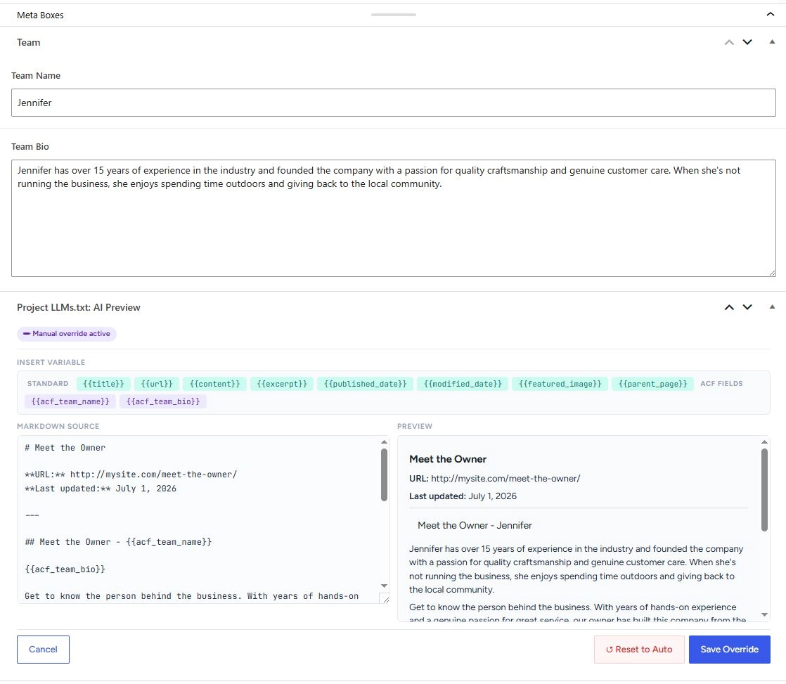 The AI Preview panel inside the WordPress page editor: ACF Team fields above, and below them the Project LLMs.txt meta box in override mode with insertable variable chips, Markdown source on the left, and a live preview on the right showing the ACF values resolved into the text