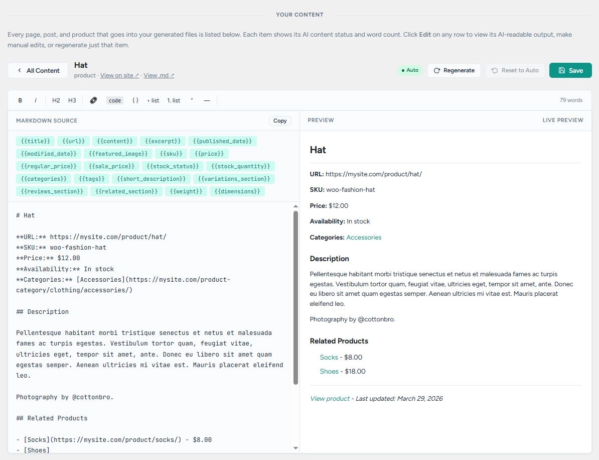 The per-item Markdown editor for a WooCommerce product: click-to-insert variable chips including price, stock status, variations, reviews, weight, and dimensions above a split pane, with the raw Markdown source on the left and a live preview showing the resolved values on the right