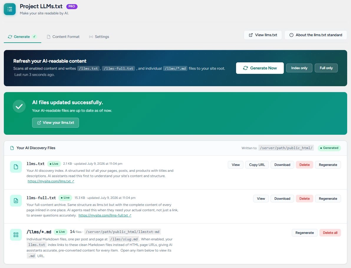 The Project LLMs.txt Generate tab in WordPress admin: a Generate Now button, a success banner reading 'AI files updated successfully', and a list of the generated llms.txt and llms-full.txt files with View, Copy URL, and Download actions