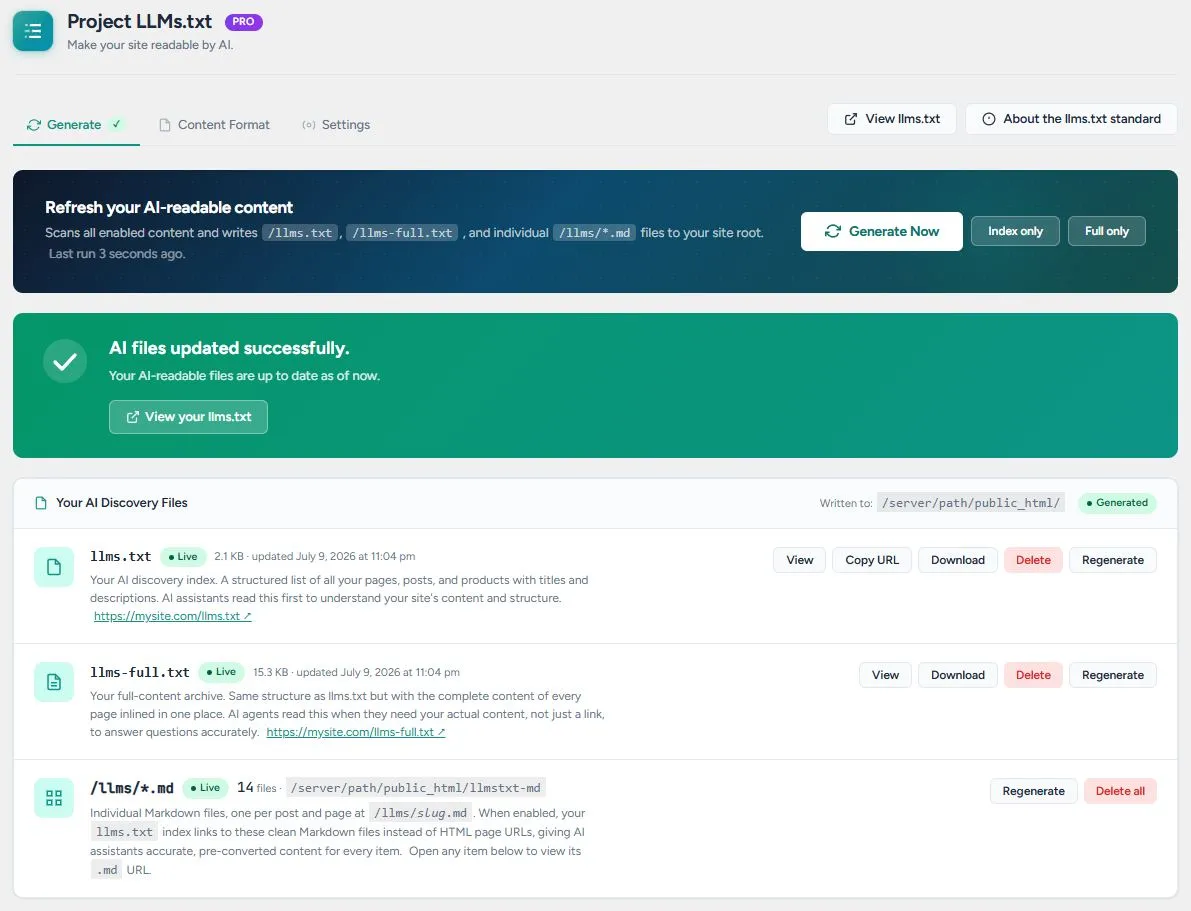 The Generate tab after a successful run: a success banner and the list of generated AI discovery files with View, Copy URL, and Download actions