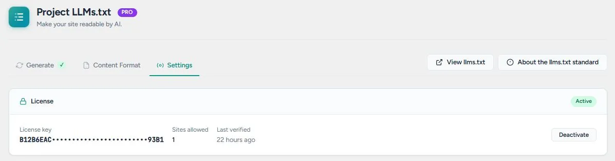 The License section of the Settings tab showing a masked license key, the number of sites allowed, when it was last verified, and a green Active badge