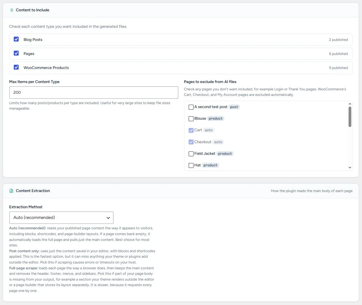 The Content to Include settings: checkboxes for Blog Posts, Pages, and WooCommerce Products with published counts, the Max Items per Content Type field, the exclusion picker with WooCommerce utility pages locked as auto-excluded, and the Extraction Method dropdown