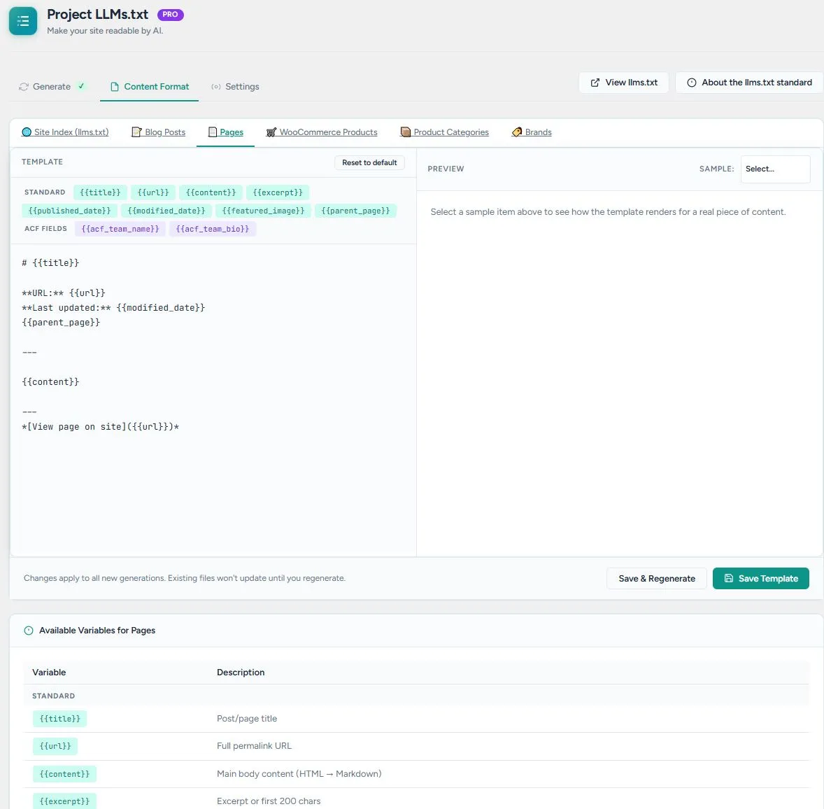 The Templates tab editing the Pages template: click-to-insert variable chips for standard and ACF fields, the template source with {{variable}} tokens, a sample-item preview pane, and the Available Variables reference table below