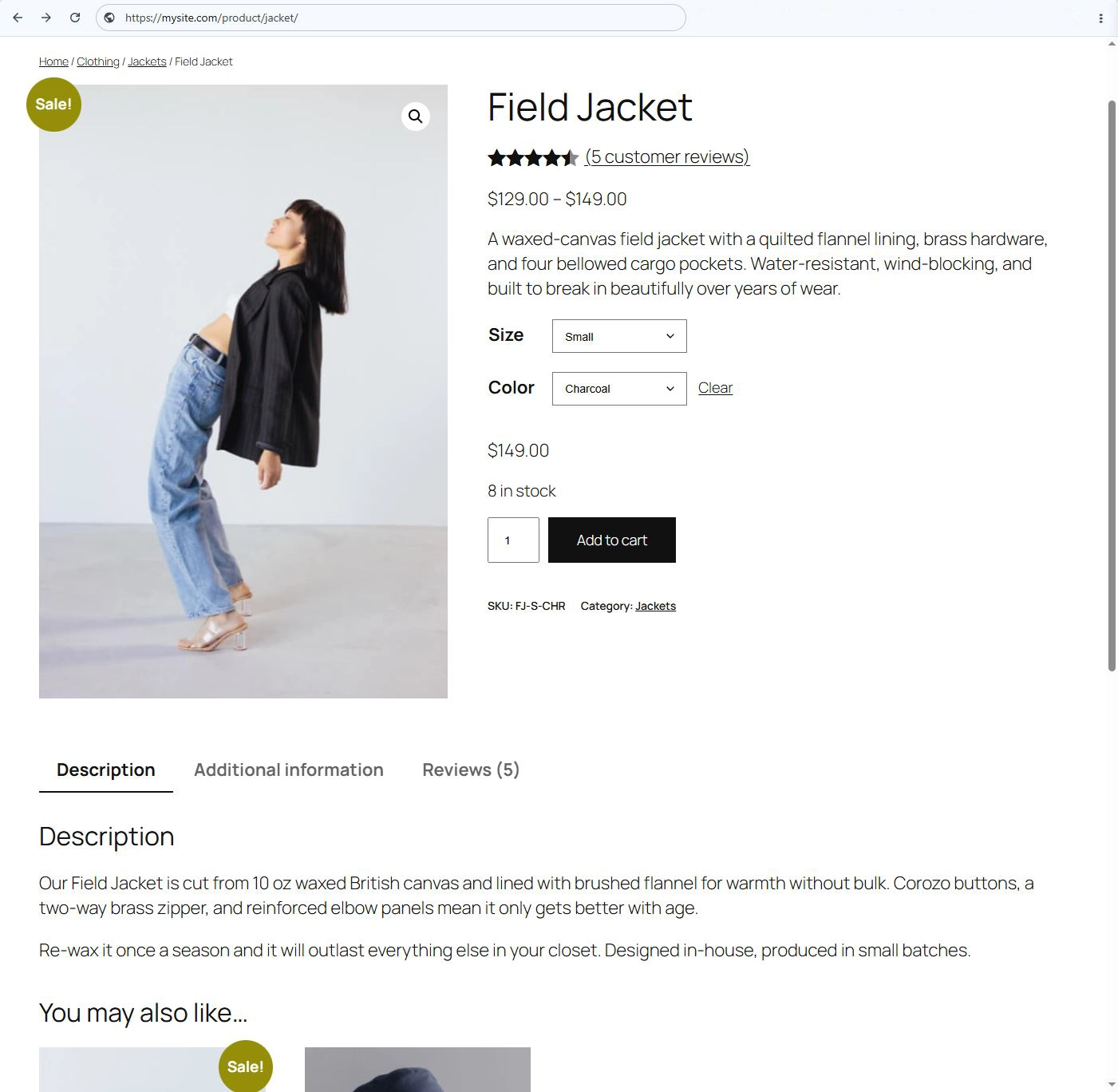 A WooCommerce product page for a Field Jacket: sale badge, star rating with five customer reviews, a $129 to $149 price range, size and color dropdowns, stock count, and an Add to cart button