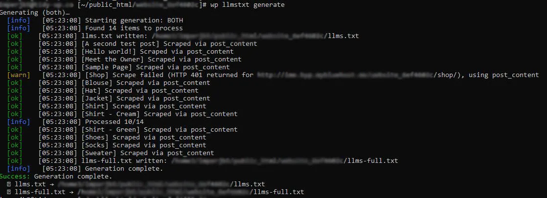 Terminal output of wp llmstxt generate: a log of each post, page, and product being processed, ending with llms.txt and llms-full.txt written successfully